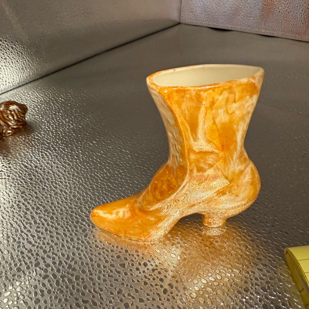 Vintage Boyd Orange Cadium Glass Boot in a Gorgeous Iridescent shine.